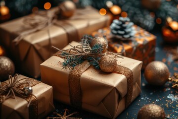 Wall Mural - Golden Christmas Gift Boxes on Bokeh Background with Copy Space