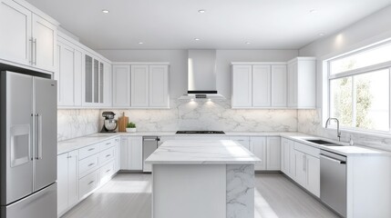 Poster - Minimalist kitchen with white cabinets and marble countertops