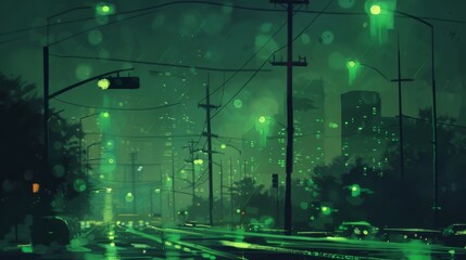 Wall Mural - green lights going side way, lots, background is dark, highly detailed 