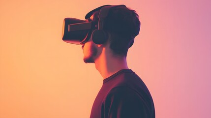 Canvas Print - A young man wearing a VR headset,  looking around with a curious expression.