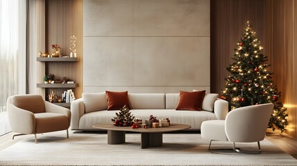 A 3D-rendered modern living room with minimalist Christmas decor, showcasing an elegant holiday setup with clean lines and understated festive elements 