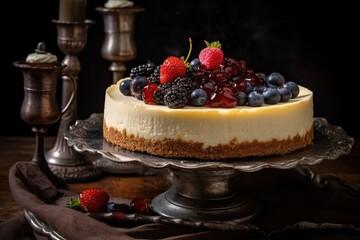 Cheesecake Topped with Berries and Red Jelly on a Silver Platter