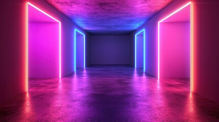 Canvas Print - Neon Glow Room   Pink and Blue Light  Empty Space  Modern Interior Design