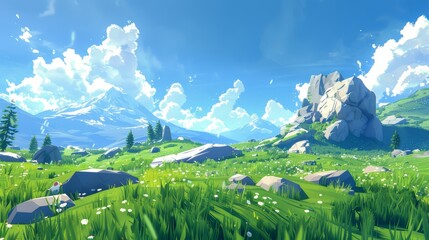 Sticker - Stylized lowpoly sky, aearial view fronth with mountains skyline blue sky alpine clash of clans style for HDRI plane 