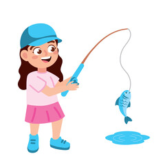 Canvas Print - girl fishing fish with rod