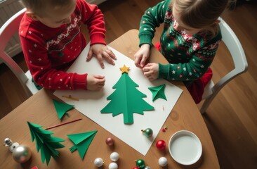 Children making festive crafts with green paper shapes during holiday season in cozy indoor setting