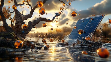 Solar Panel and Orange Spheres in Water with Sunset Background