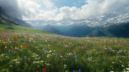 Sticker - Vibrant Wildflower Meadow Under Dramatic Mountains