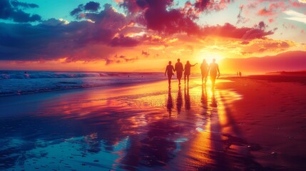 Wall Mural - a group of friends walking along the beach with the sunset and coastline in the background