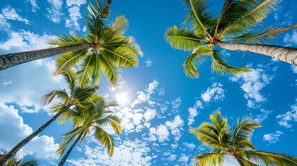 Coconut palm trees with blue sky background. Summer vacation concept