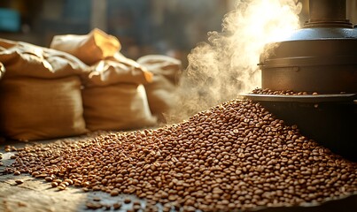 Wall Mural - Close-Up of Coffee Roasting Machine with Freshly Roasted Beans and Rising Steam