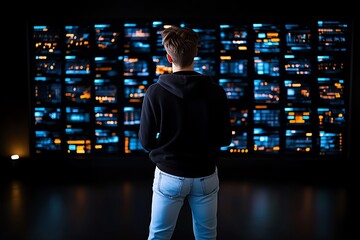 Poster - A person standing in front of a digital wall filled with failed project reports, with futuristic screens and advanced technology displaying their past mistakes