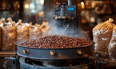 Wall Mural - Close-Up of Coffee Roasting Machine with Freshly Roasted Beans and Rising Steam