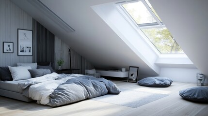 Poster - Minimalist attic bedroom with sloped ceilings and skylights