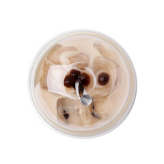 Sticker - Tasty milk bubble tea in plastic cup isolated on white, top view