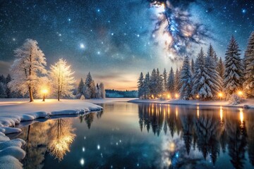 Enchanting winter landscape with snowy scenery, sparkling lights, frozen lake, starry night sky