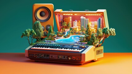 Poster - Miniature Cityscape Inside a Retro Synthesizer with a Speaker