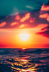 Poster - The sun rises over the ocean, casting warm hues across the water. Waves gently roll in, creating bubbles that sparkle in the early light while clouds streak the sky in vibrant colors. Generative AI