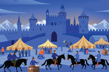 Illustration of a medieval kingdom with knights on horseback, kings and a large castle.