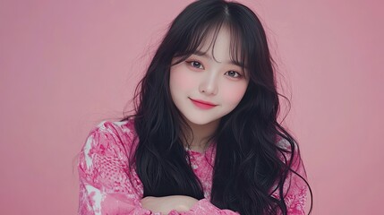 Wall Mural - A young woman with long black hair and rosy cheeks smiles sweetly at the camera. She is wearing a pink blouse with white floral print.