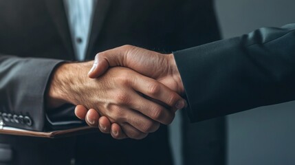 Close-up of two businessmen shaking hands, symbolizing agreement, partnership, and success.