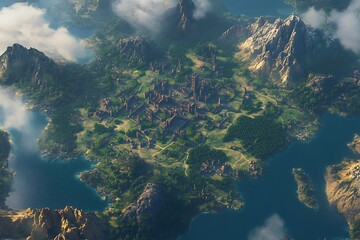 Aerial view of fantasy island with lush green landscape, mountains, and a medieval city