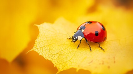 Poster - Bright Ladybug on Yellow Leaf in Natural Setting