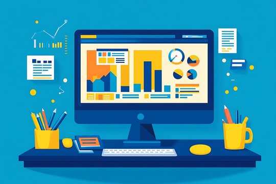 Flat design of desktop computer with colorful data charts for business and marketing concept
