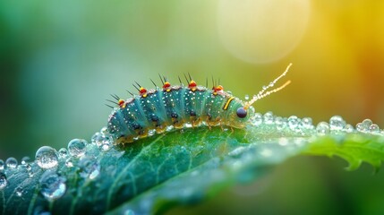 Aufkleber - Close-up of Caterpillar on Leaf with Dew Drops