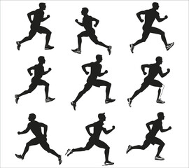 Set of men running silhouettes, People running silhouettes, Running people silhouette set, Black silhouettes of men runner, Men runners silhouettes collection