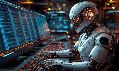 robot is in front of the computer program