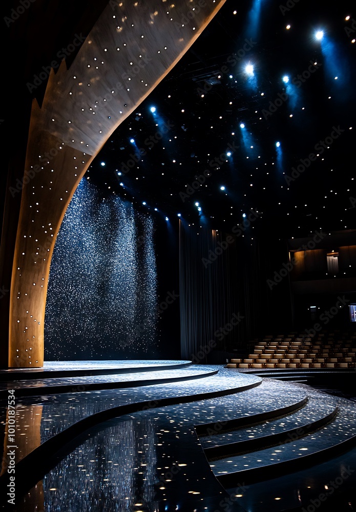 Infinity Stage Backdrop Empty stage with sparkling lights and starry sky backdrop, perfect for ...