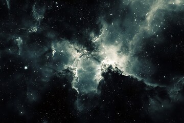 Poster - Abstract dark space nebula background with glowing clouds and stars