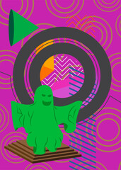 Poster - Ghost with geometrical graphic retro theme background. Minimal geometric elements. Vintage abstract shapes, Halloween vector illustration.