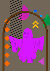 Poster - Ghost with geometrical graphic retro theme background. Minimal geometric elements. Vintage abstract shapes, Halloween vector illustration.