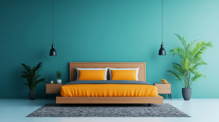 Sticker - Modern bedroom with teal walls, orange bedding, and wood furniture.