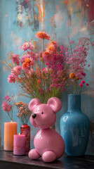 Wall Mural - Pink mouse figurine surrounded by pink and orange flowers.