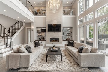 Wall Mural - Elegant double-height living room in a modern mansion featuring grey sofas, a TV above a fireplace, and a striking chandelier in a luxurious setting.