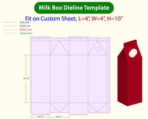 Small Milk Box L 4, W 4, H 10 inch Dieline Template