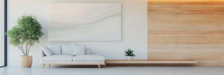 Canvas Print - Minimalist living room with a white sofa and wooden accents.