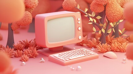 Poster - Retro Pink Computer in a Stylized 3D Forest Setting