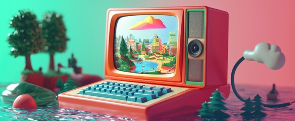 Poster - Retro Computer Displaying a Cityscape with a Cloud in the Sky
