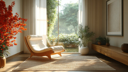 Canvas Print - A comfy white chair sits in a sunlit living room with a view of a lush garden.