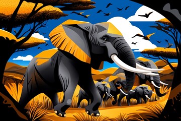 Poster - Abstract minimalist design of a herd of elephants walking through a savannah, with geometric shapes representing the powerful presence of fauna in nature