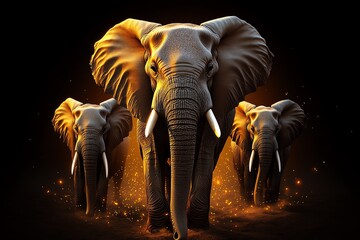Poster - Abstract minimalist design of a herd of elephants walking through a savannah, with geometric shapes representing the powerful presence of fauna in nature