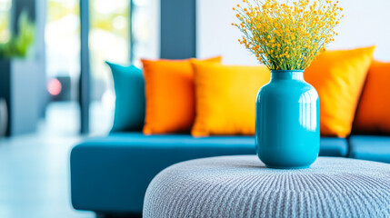 Canvas Print - A blue vase with yellow flowers sits on a gray ottoman in front of a couch with blue and orange cushions.