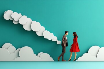 Poster - Abstract minimalist design of two figures parting ways, with geometric shapes and soft colors representing the emotional distance created by goodbye