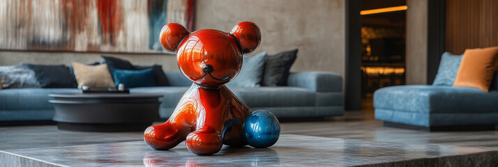 Poster - Shiny red bear sculpture in modern living room.