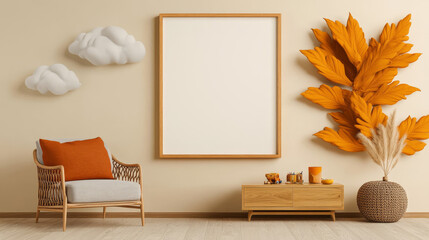 Sticker - A beige living room with a wicker chair, large framed art and a wooden shelf.