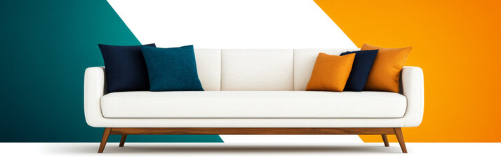 Sticker - White couch with colorful pillows against a colorful wall.